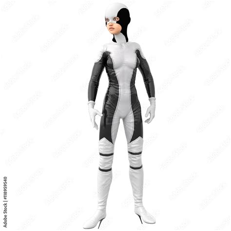 one slim girl in black and white superhero super suit. Stands in a ...