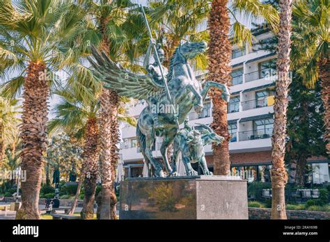 11 October 2022, Kemer, Turkey: a statue of the Greek hero Bellerophon riding a winged horse ...