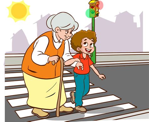 child helping old woman.old woman and child walking on crosswalk ...