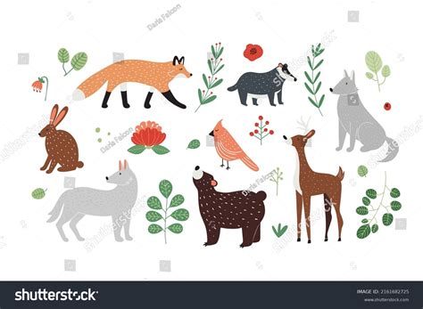 Set Cute Storybook Forest Animals Plants Stock Vector (Royalty Free ...