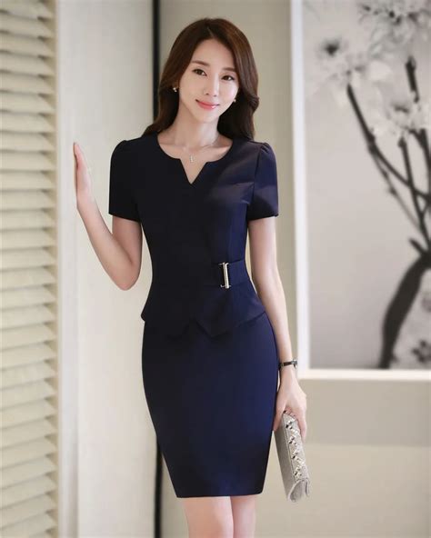 Summer Women Dresses Short Sleeve Ladies Work Wear Dress Dark Blue Slim Office Uniform Styles-in ...