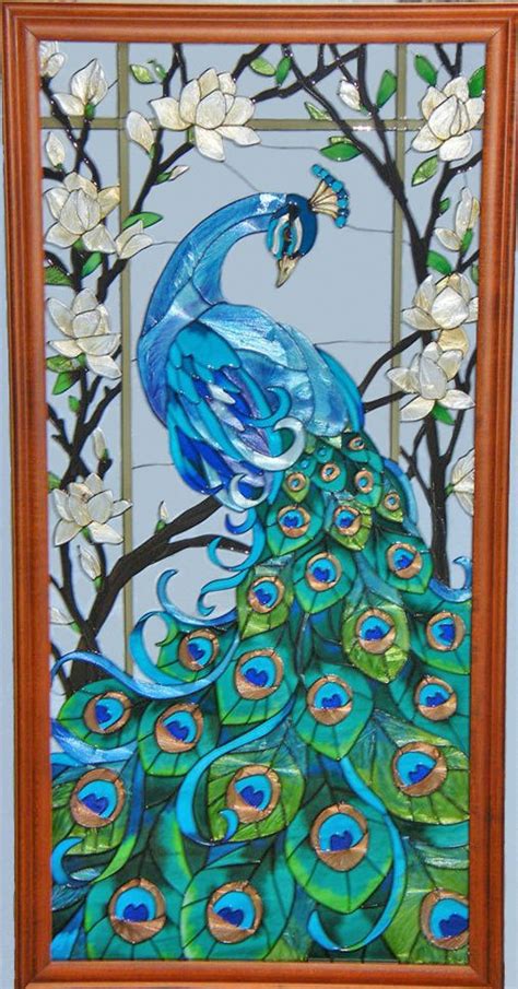 Magnificent Peacock Stained Glass Window Art Panel