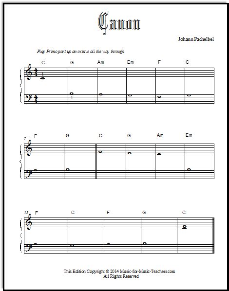 Canon Sheet Music for Beginner Piano Students