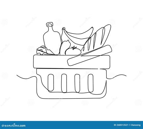 Continuous Line Art Drawing of Grocery Food Basket, Fruits and Bread in ...