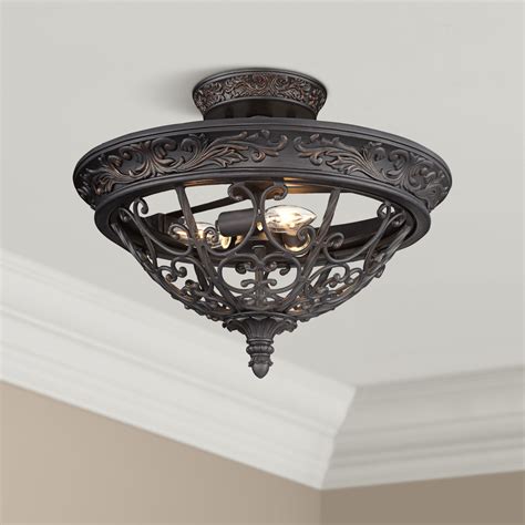 Franklin Iron Works Rustic Ceiling Light Semi Flush Mount Fixture Rubbed Bronze Scrollwork 16 1/ ...