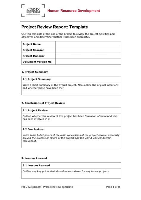 Project review report template in Word and Pdf formats