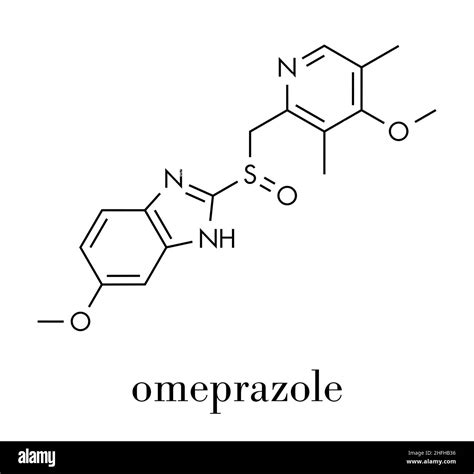 Omeprazole dyspepsia and peptic ulcer disease drug (proton pump inhibitor) molecule. Skeletal ...