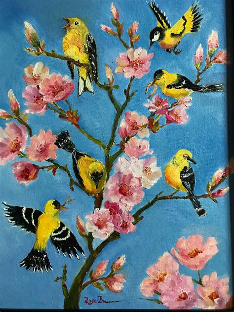 Bird Painting, Yellow Finch, Spring Art, Apple Tree Painting,