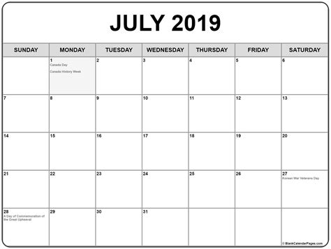 Collection of July 2019 calendars with holidays