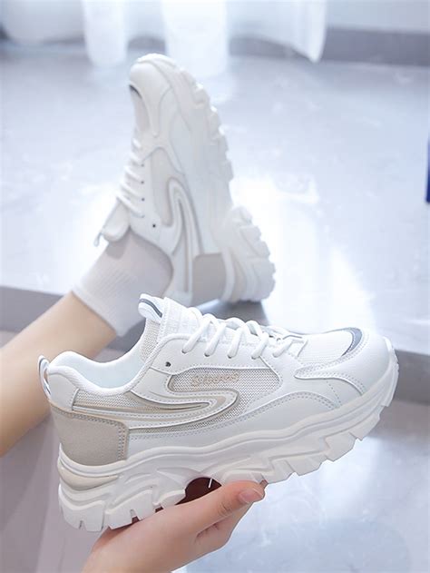 White Sporty Striped Chunky Sneakers Women Shoes Fancy Sneakers ...