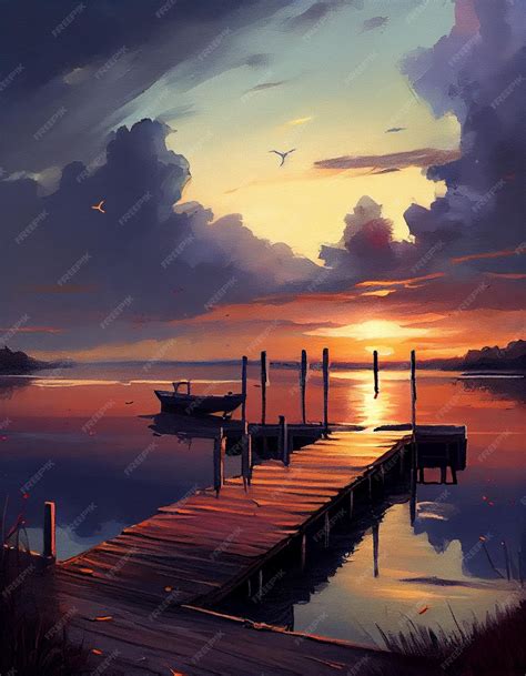 Premium AI Image | A painting of a dock with a sunset in the background.