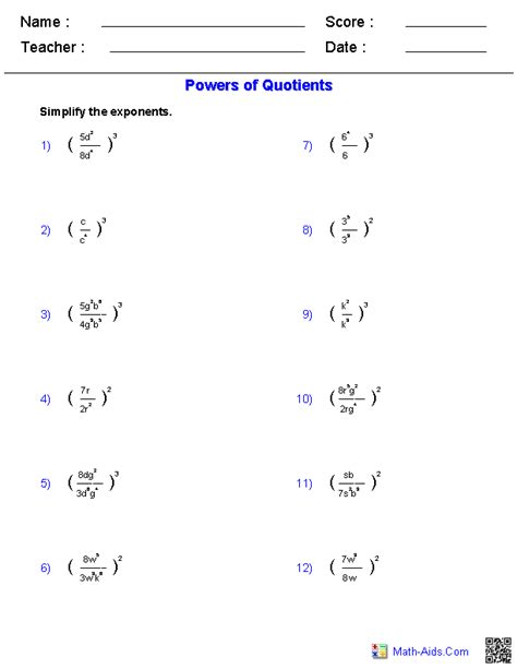 Algebra 1 Worksheets | Exponents Worksheets