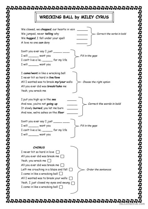 Wrecking ball - Miley Cyrus lyrics s…: English ESL worksheets pdf & doc