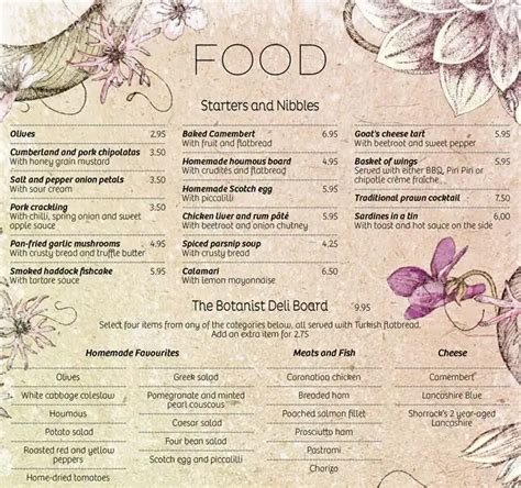 Menu at The Botanist restaurant, Manchester, Deansgate