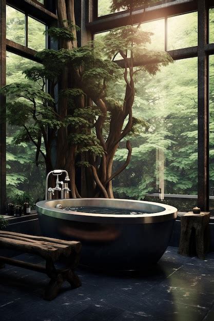 Premium AI Image | a bathroom with a tub and a tree in the background