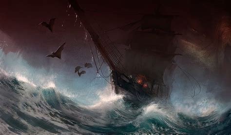 1080P free download | Stormy sea, art, luminos, storm, sea, fantasy, water, ship, bat, painting ...