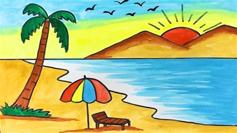 Cách vẽ tranh đề tài phong cảnh biển | how to draw sunrise scenery in ...