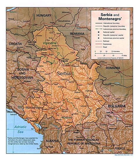 Detailed political map of Serbia and Montenegro with relief - 1997 | Serbia | Europe | Mapsland ...