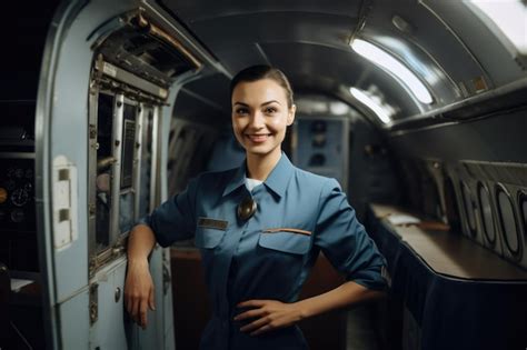 Premium Photo | An smiling air hostess standing inside of airplane ...