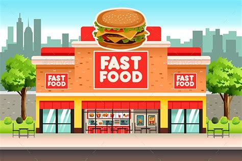 Fast Food Restaurant | お店 イラスト, イラスト 線画, 建物