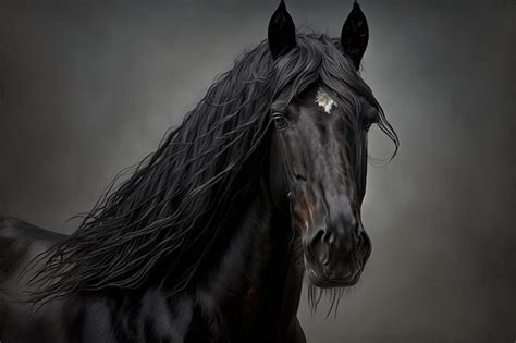 Premium Photo | Portrait of a black friesian horse on a grey background