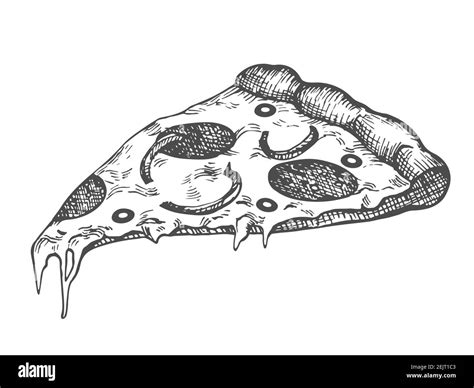 Pizza slice hand drawn drawing. Vector illustration of a vintage sketch ...