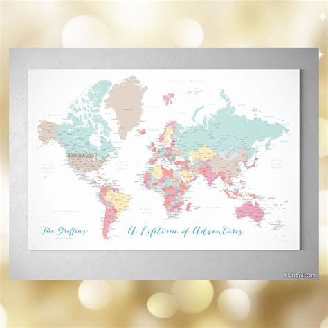 Custom world map with cities, canvas print or push pin map in pastels. "Pretty pastels" | Pin ...