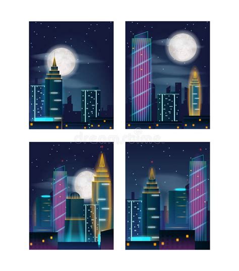 Night City Landscape with Buildings in Neon Lights. Night City Skyscrapers. Set of Posters Stock ...