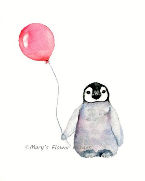 Penguin with red balloon watercolor nursery print- 8 X 10 in 2020 ...