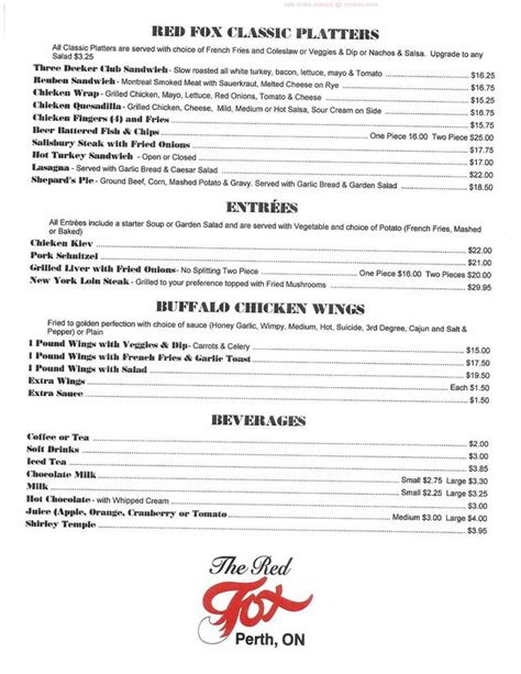 Online Menu of Red Fox Restaurant & Tavern Restaurant, Perth, Ontario ...