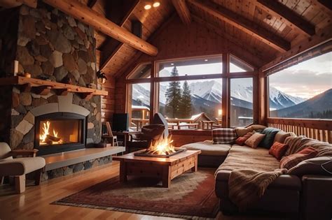 Premium AI Image | Board in a cozy mountain cabin with a fireplace