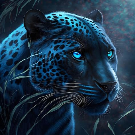 A blue jaguar with blue eyes is in the grass. | Premium AI-generated image