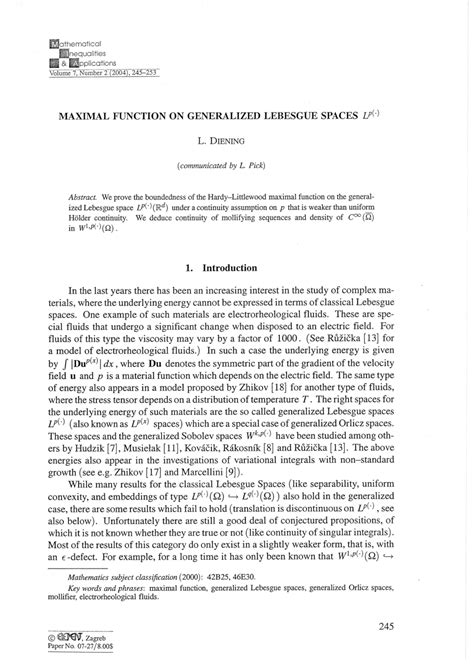 (PDF) Maximal function on generalized Lebesgue spaces {$L^p(cdot)}$