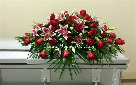 Traditional Stargazer Lily and Red Rose Casket Spray