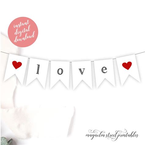 Printable Love Banner With Hearts, Simple Mini Love Bunting for Cake Toppers, Wedding Decor or ...