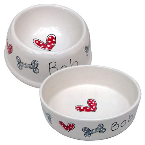 Personalised Ceramic Dog Bowl - Hearts & Bones Design