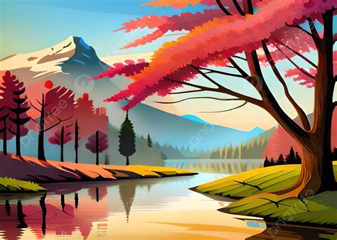 Beautiful Nature River Mountains Trees Painting Background, Nature ...