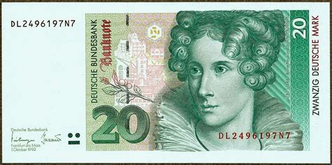 Germany 20 Deutsche Mark banknote 1993 Annette von Droste-Hülshoff|World Banknotes & Coins ...