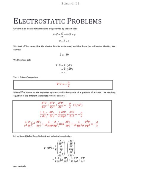 Solutions of Electrostatic Problems | Capacitance | Equations