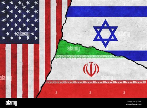 USA, Israel and Iran painted flags on a wall with a crack. United ...