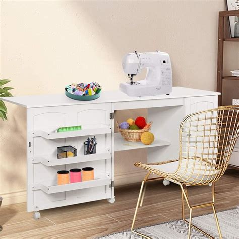 Giantex Folding Sewing Craft Table, 3 Storage Bins, Side Cabinet, Interior Shelf, Rolling Sewing ...