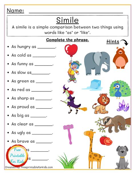 Language Art: Simile Worksheets for Third Grade | Simile worksheet, 2nd grade worksheets, Simile