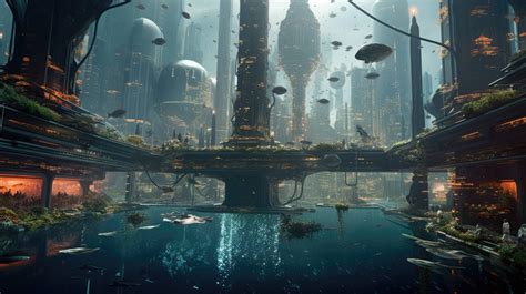 A futuristic city submerged underwater, featuring sleek architecture and bioluminescent marine ...