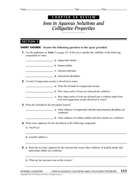 Chapter 13 Review, Section 1: Ions in Aqueous Solutions and Colligative ...