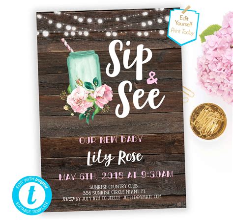 Sip and See Girl Invitation Templete Lemonade Meet and Greet | Etsy