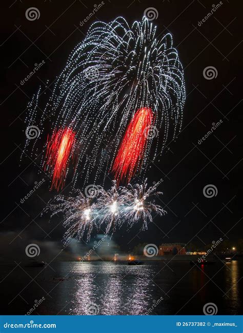 Fireworks over river stock photo. Image of independence - 26737382