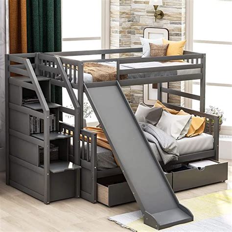 GLCHQ Solid Wood Multifunction Design Kids Loft Twin Over Full Bunk Bed with Drawers,Storage and ...