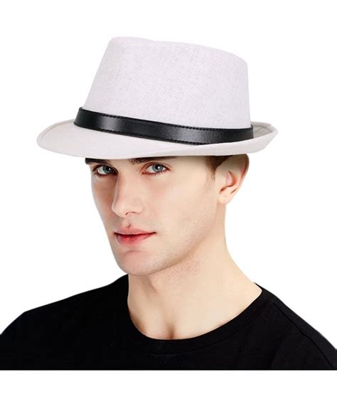 Classic Men's Straw Fedora Hat w/ Faux Leather Belt Band- White CP17Y08ROZ8