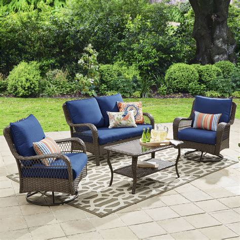 Better Homes & Gardens Colebrook 4 Piece Outdoor Conversation Set with Blue Cushions - Walmart.com