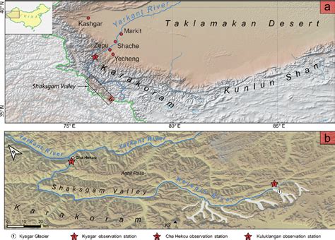 Location of (a) the Shaksgam Valley on the north side of the Karakoram ...